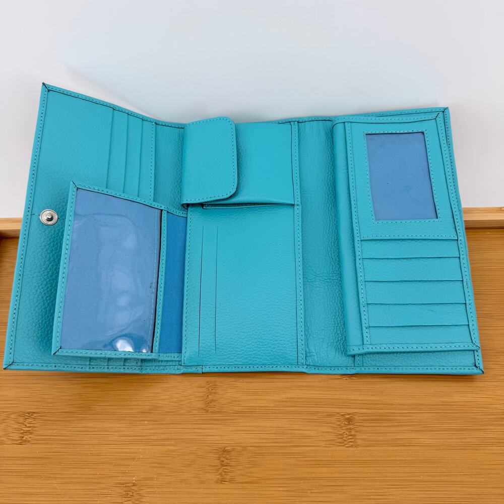 Turquoise Pebbled Leather Continental Flap Wallet Y2K Streetwear Quiet Luxury - Picture 3 of 5